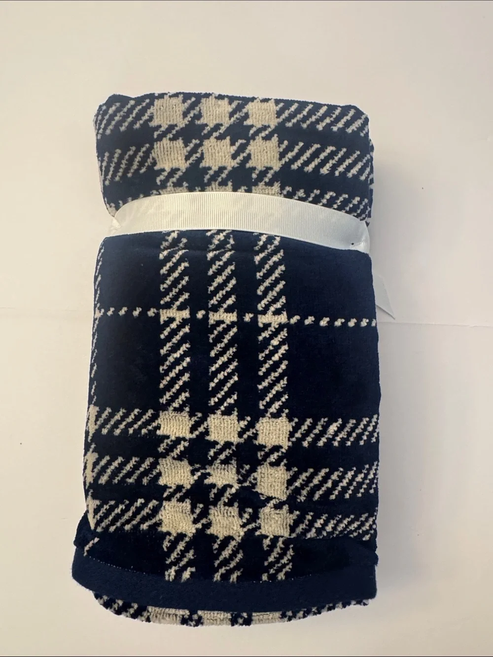 6pc BROOKS BROTHERS 100% Cotton Velour Plaid Bath Towel Set - Blue/Off White